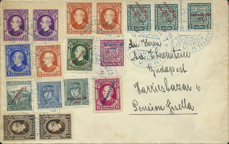 SLOVENSKO 1939-45 - ob�lka s pestrou frankaturou v�etn� zn. 1, 60h �tef�nik + dvoup�ska zn. 25h Znak s obr�cen�m novinov�m p�etiskem